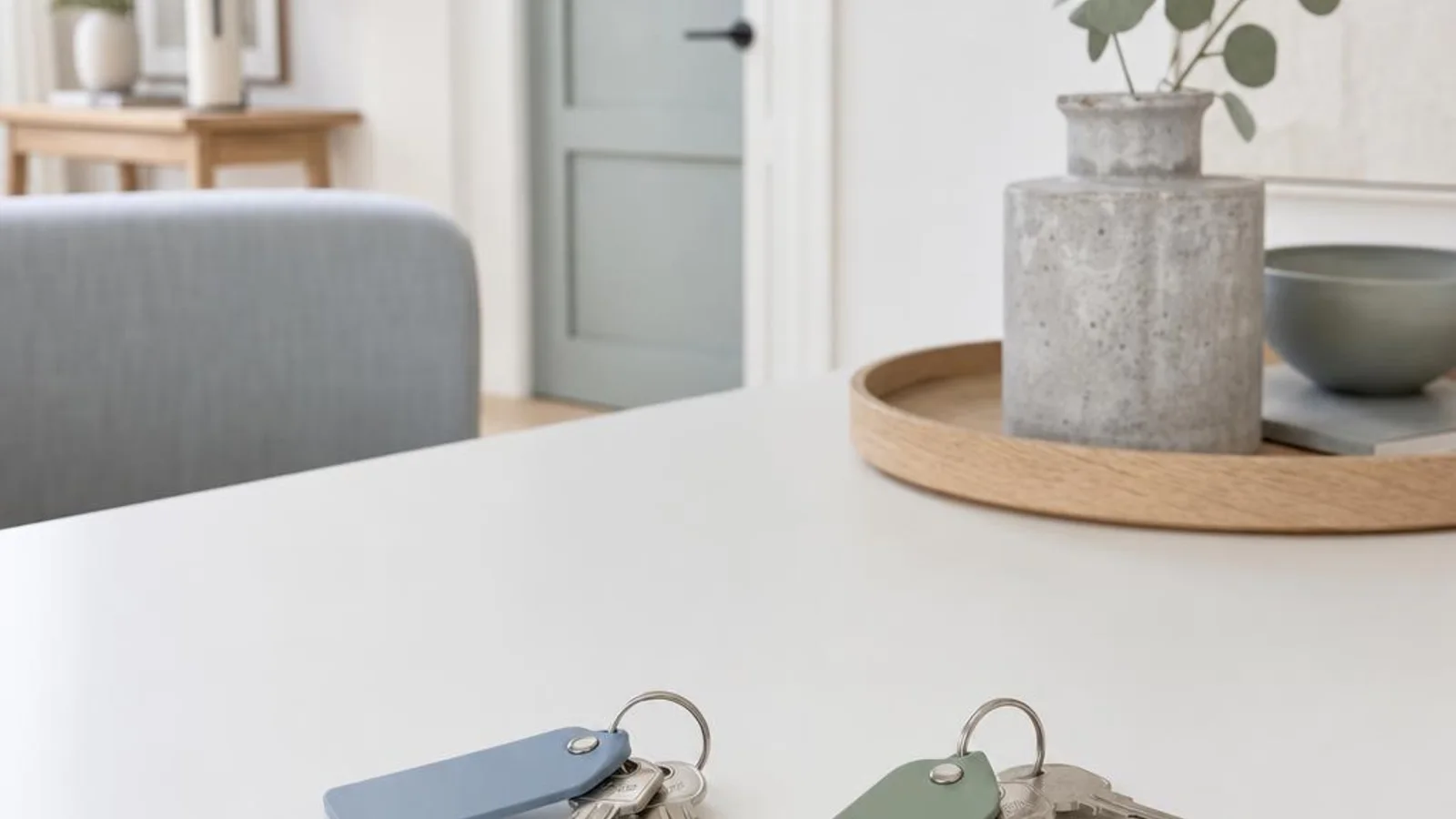 Two sets of house keys with blue and green tags on a white table.