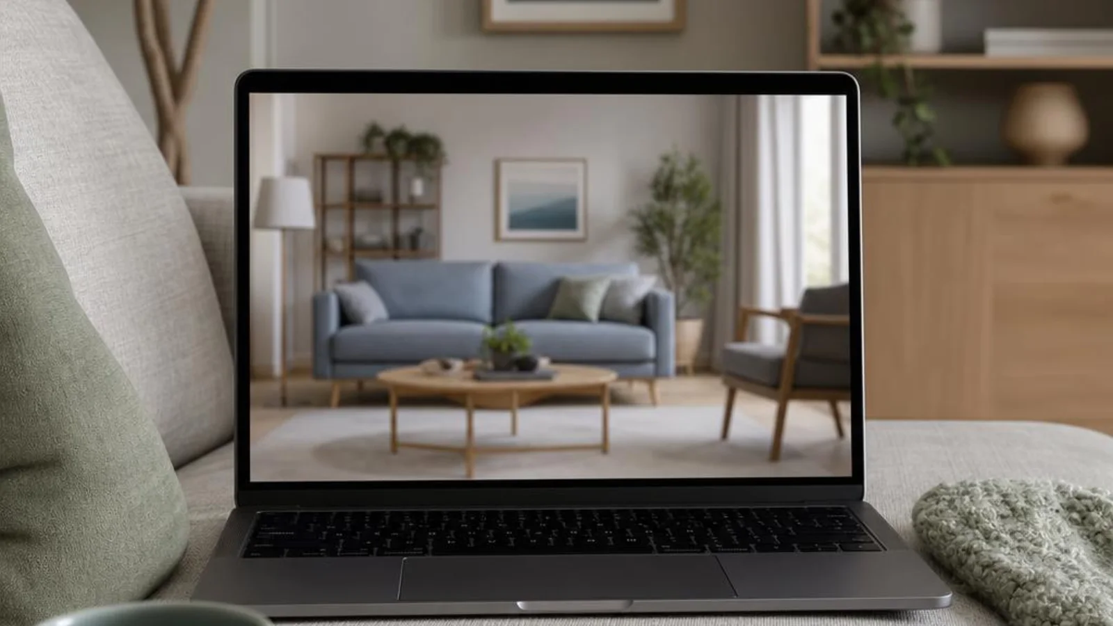 Laptop on a sofa showing a video tour of a furnished living room.
