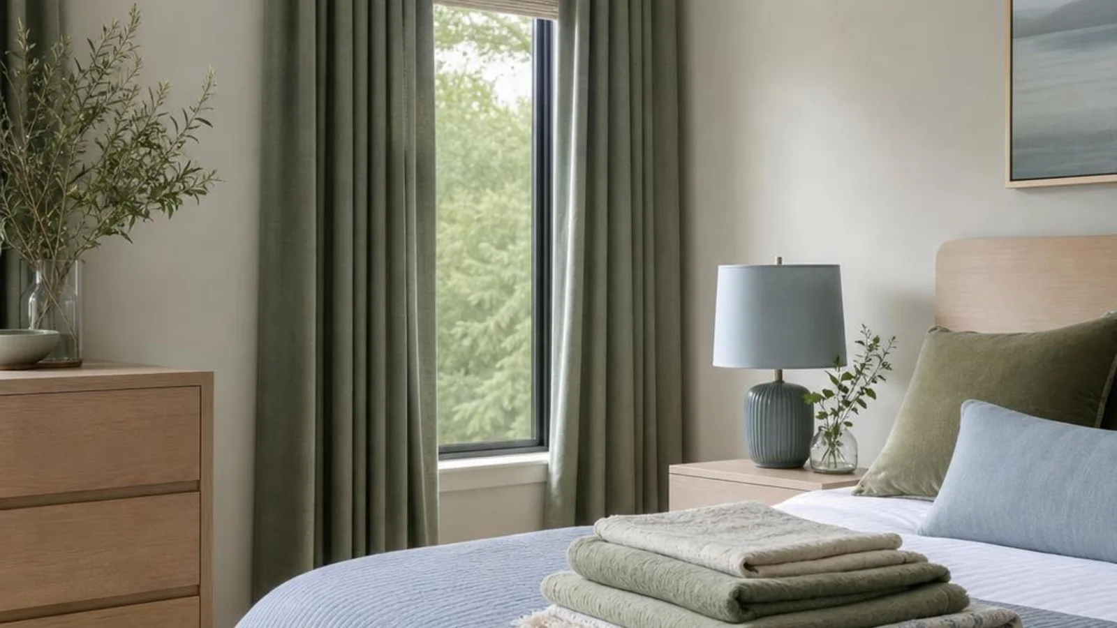 Quiet furnished bedroom with folded linens on the bed and curtains half drawn.