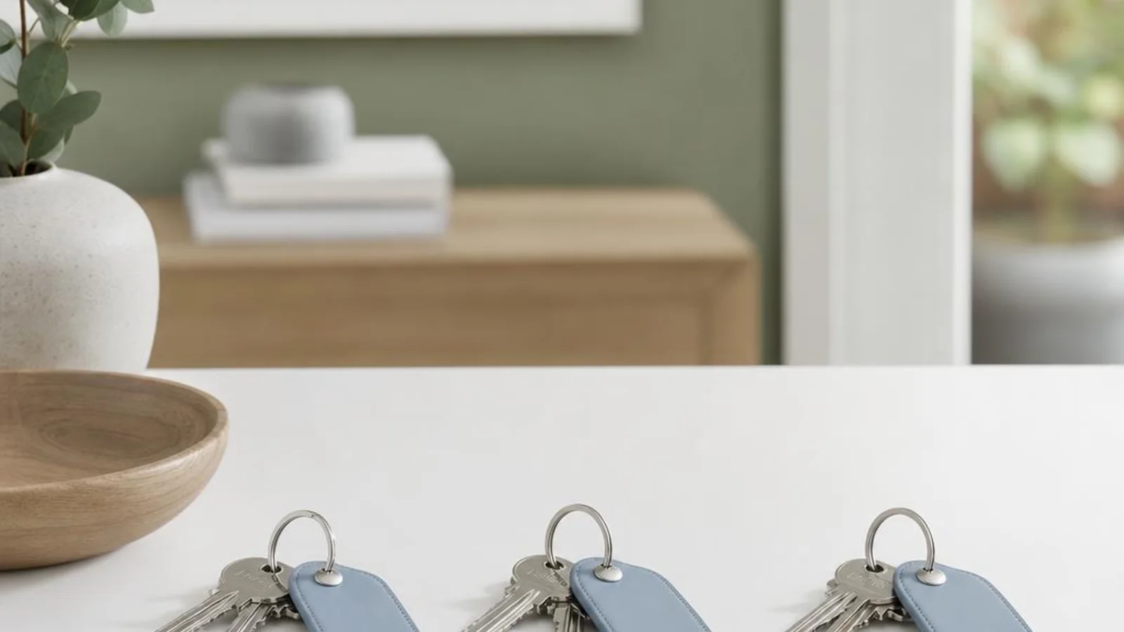 Three sets of house keys with soft blue tags laid in a row on a table.