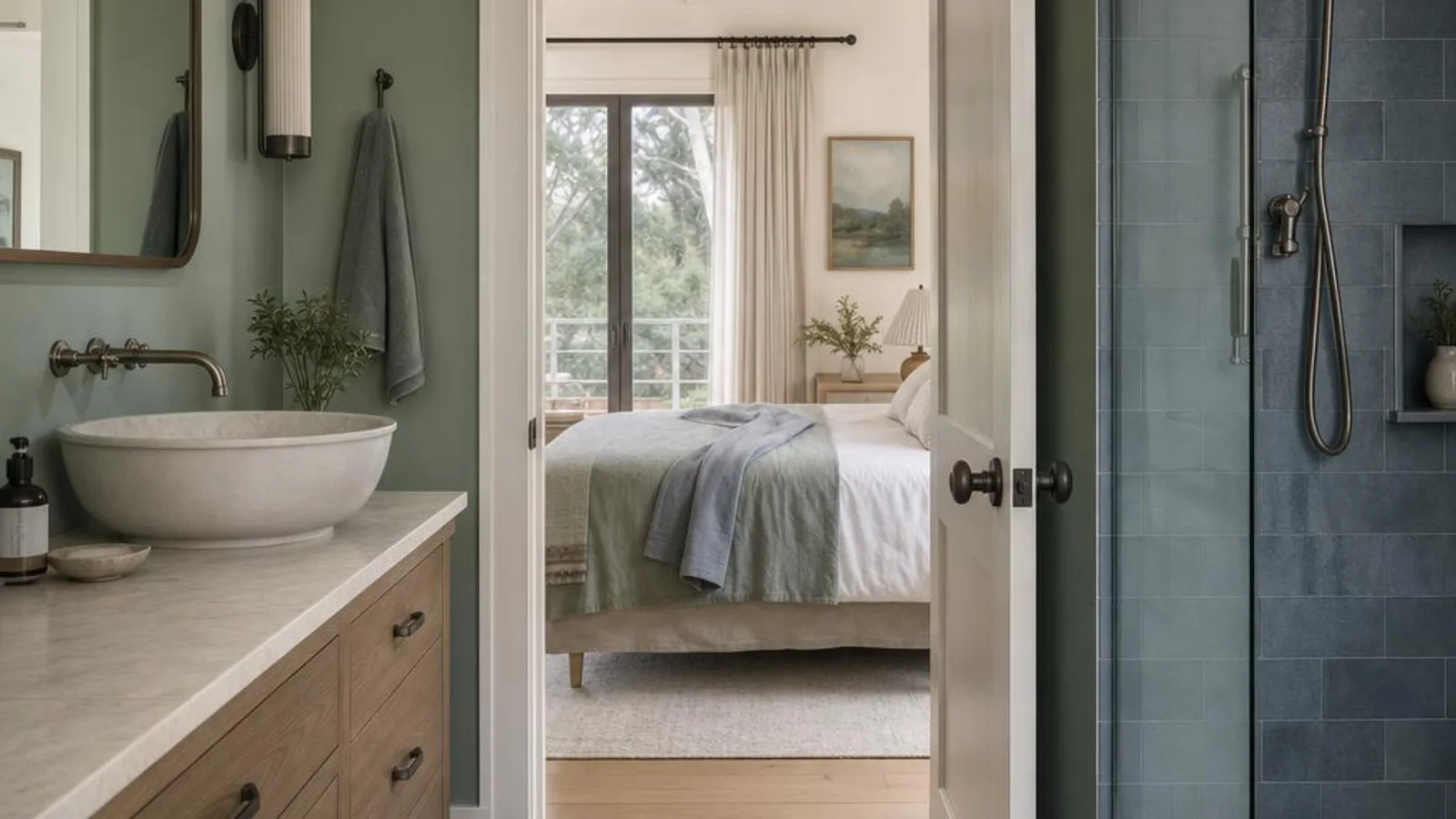 Open doorway showing a made bed and a bright bathroom beyond.