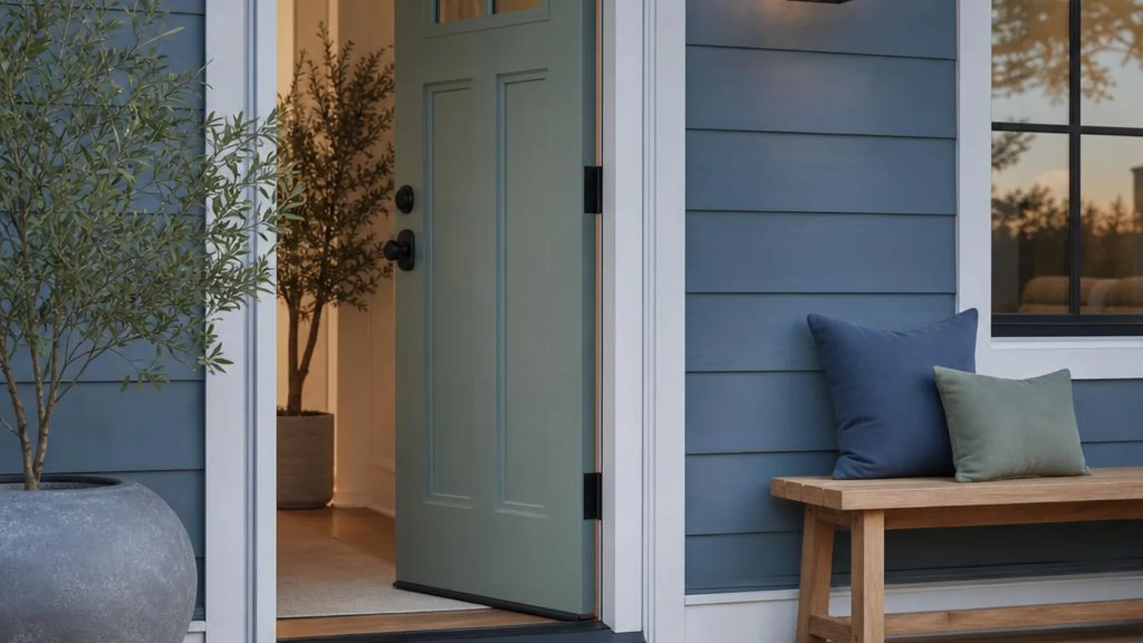 Front door with a green welcome mat and a softly lit porch light at dusk.