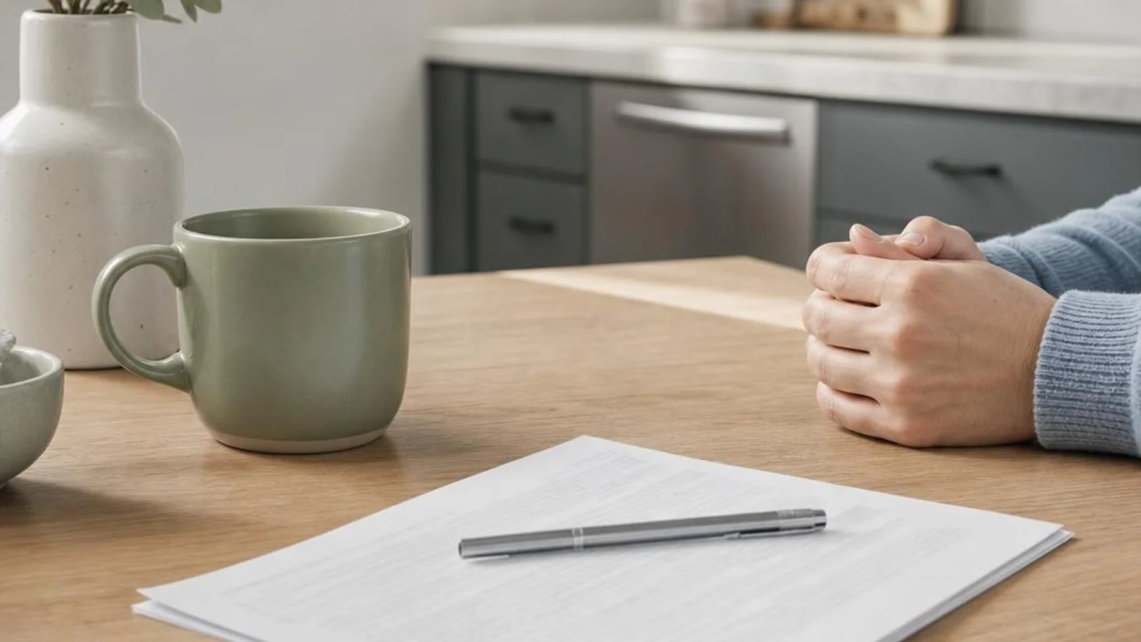 Hands beside a printed lease draft and a pen on a kitchen table.