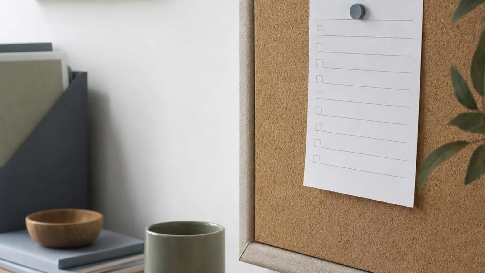Checklist card pinned to a corkboard in a calm home office.